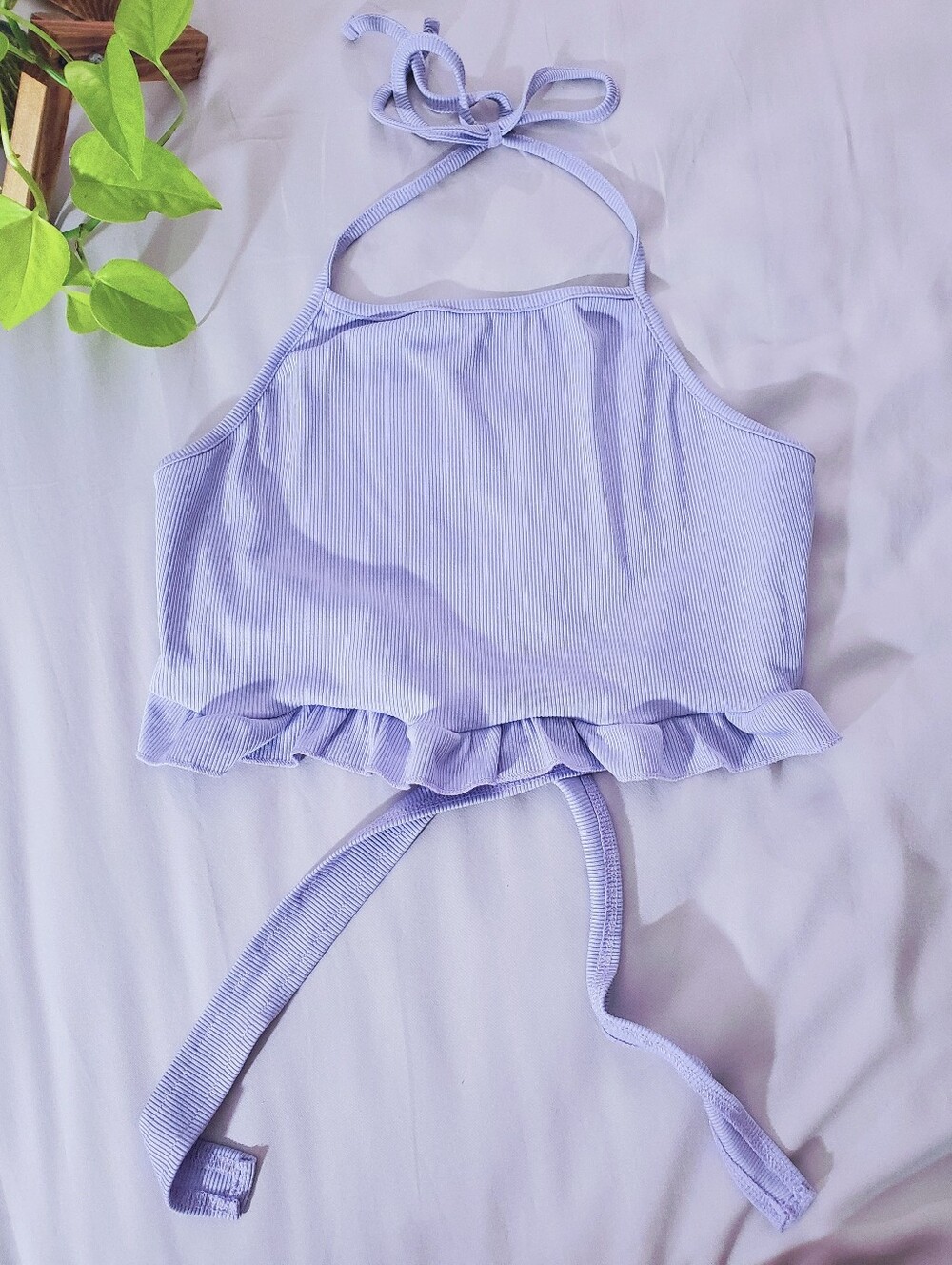 Lilac Ribbed Ruffled Tie Back Halter Crop Top